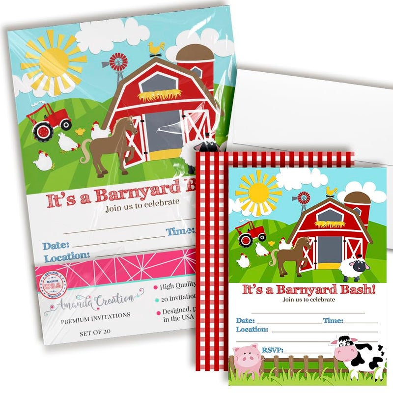 Amanda Creation Barnyard Bash Farm and Barn Themed Birthday Party Invitations, 20 5x7 Fill In Cards with Twenty White Envelopes by AmandaCreation - Image 1